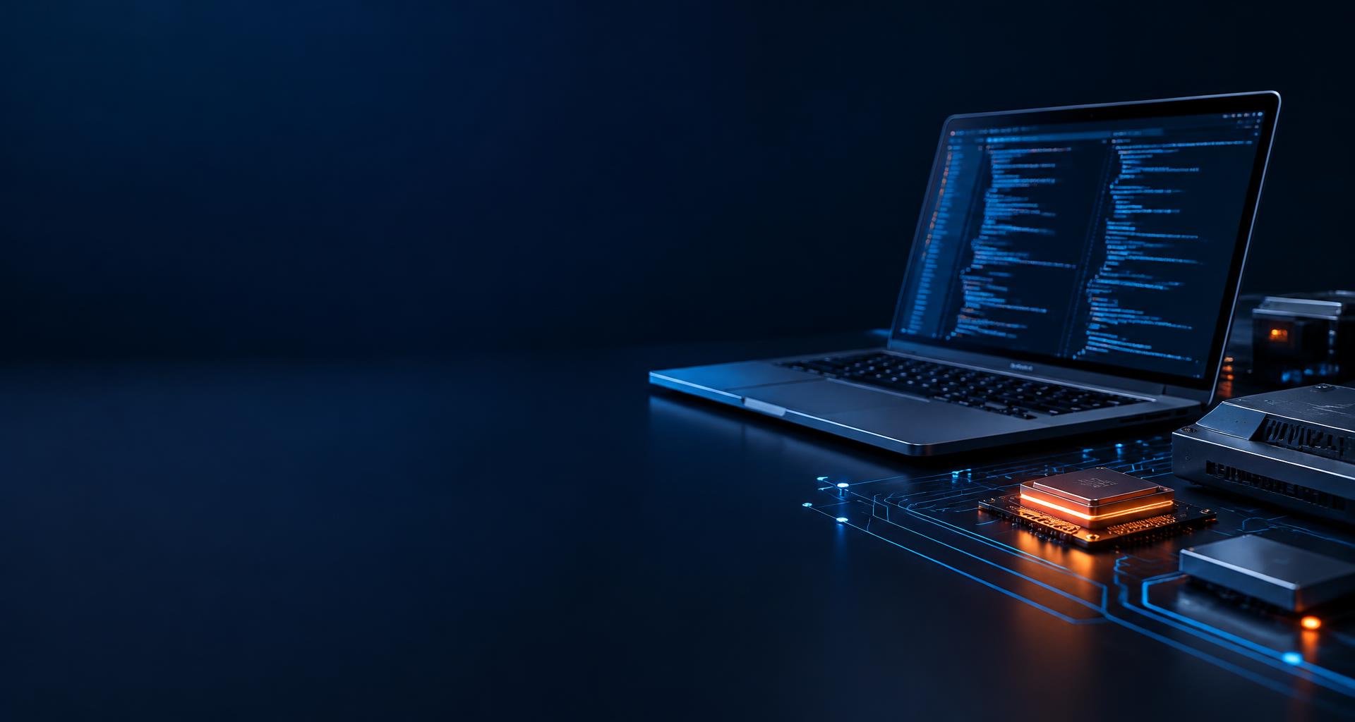 Laptop and connected technology illuminated in WondaByte blue and orange