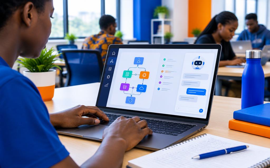 Illustration of a learner building AI assistant workflows on a laptop