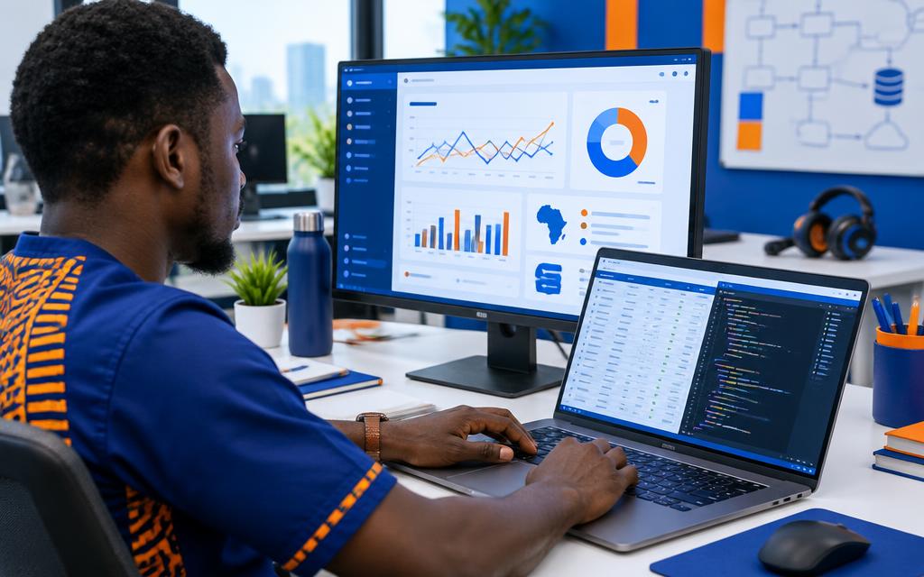 Illustration of a developer connecting a web dashboard with code and data