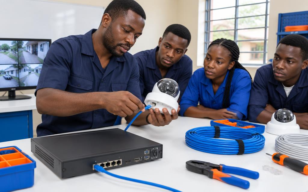 Illustration of an instructor demonstrating CCTV camera cabling to learners